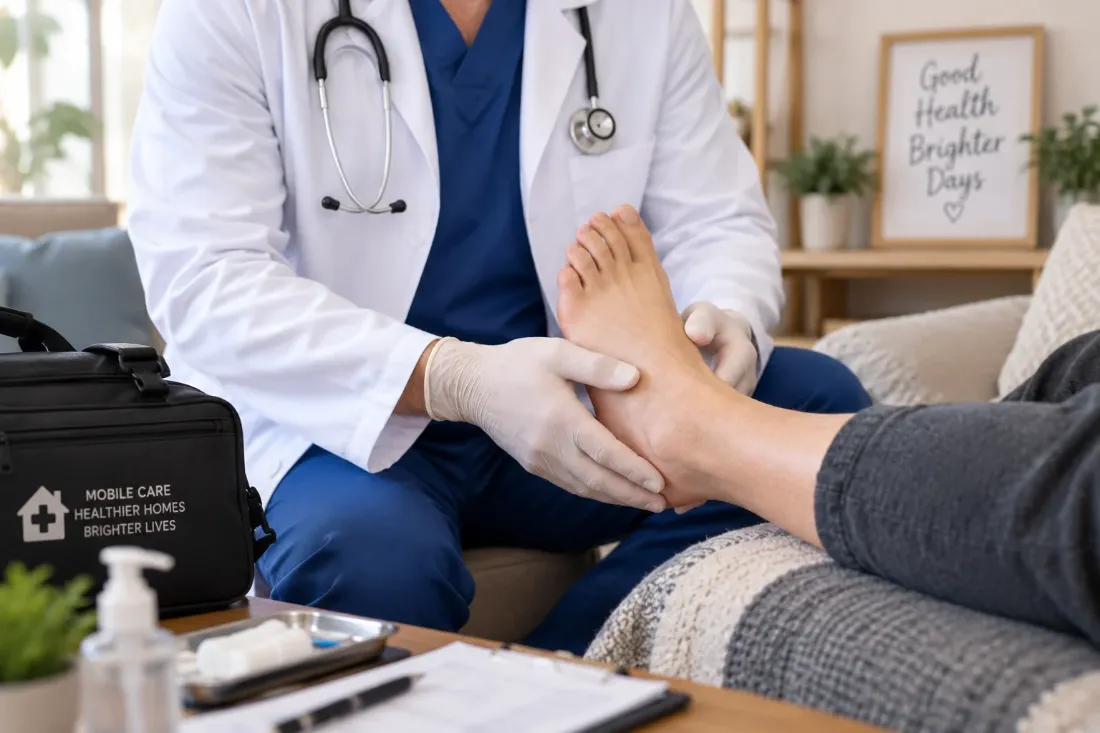 Mobile wound care – podiatrist treating a patient at home in Denton County